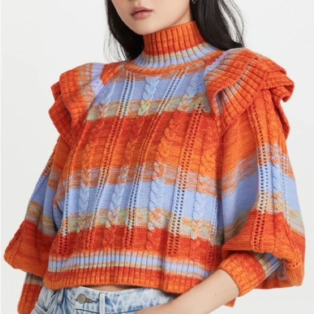 Colorful Ruffle-Shoulder Cropped Sweater - Orange/Blue - Picture 2 of 7